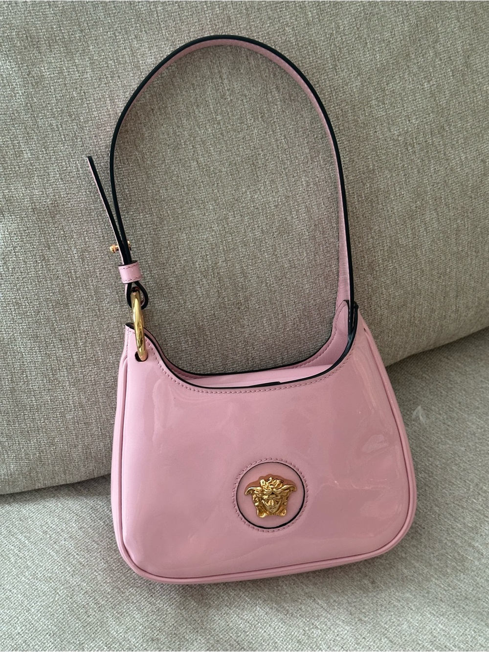 Versace Pink Patent Shoulder Bag with Gold Medusa Accent